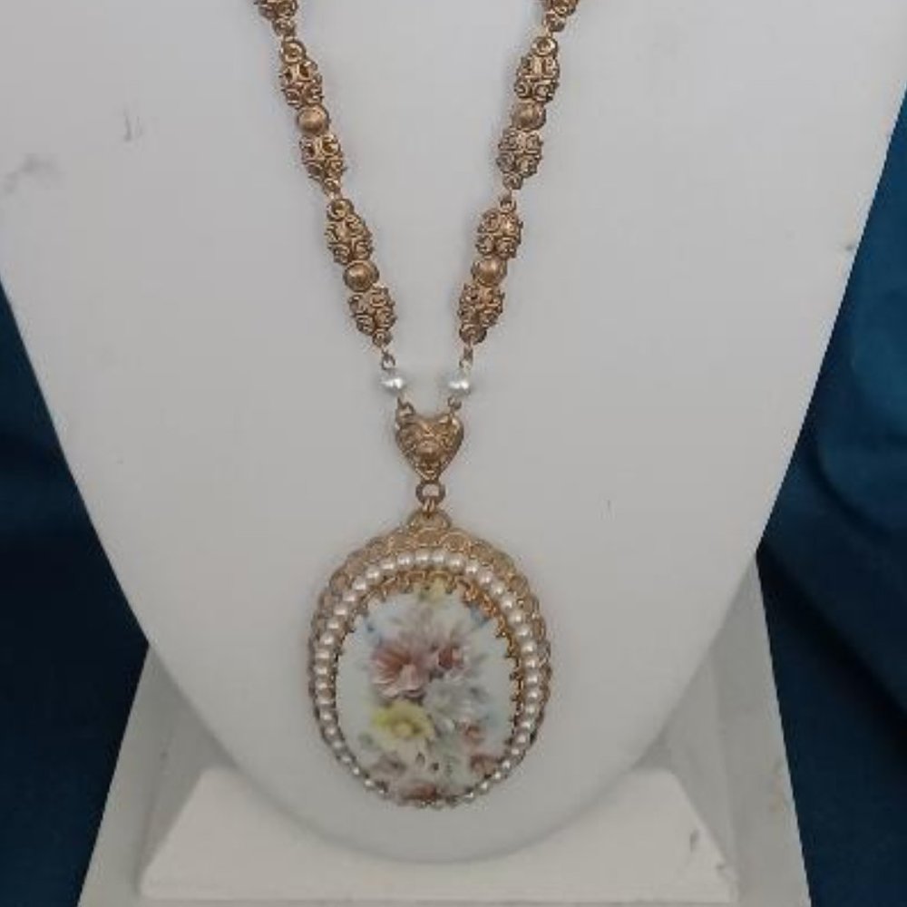 Vintage 1980's Painted and Pearled Porcelain Pendant- W Germany